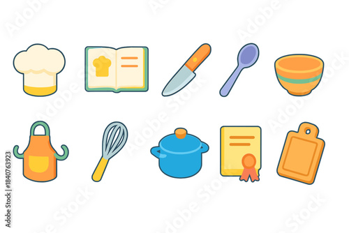 Kitchen and cooking flat icon set. Culinary, utensils, chef tools illustration collection
