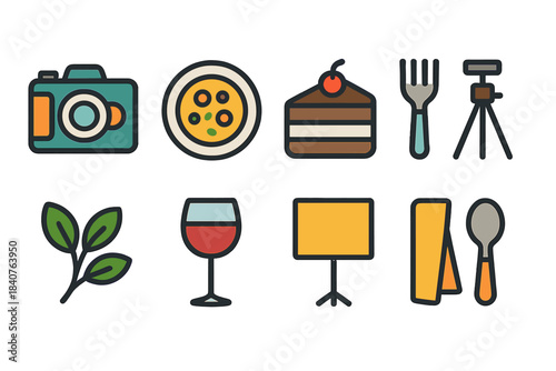 Food and travel flat icon set. Culinary, photography, utensils flat graphics collection.
