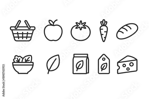 Food and grocery outline icon set for nutrition and market themes
