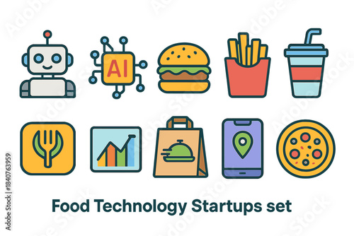 Food technology startups outline icon set. Innovation, cuisine, ai, and tech symbols.