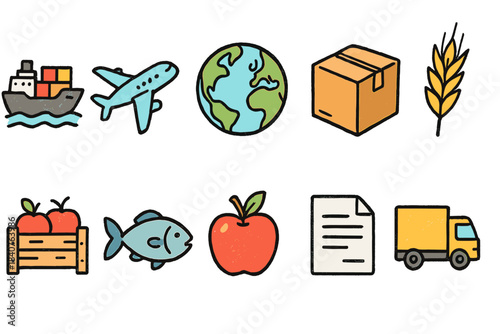 Logistics and agriculture flat icon set. Transportation, packaging, farming symbols