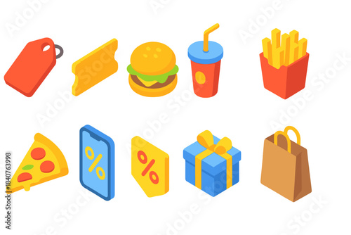 Fast food, shopping isometric icon set. Colorful 3d icons for snacks, discounts, gifts