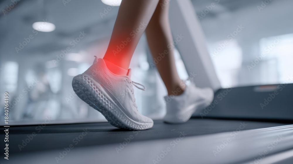 Fototapeta premium Female legs in white sneakers walking on a treadmill at the gym, with red highlight around the ankle indicating pain, injury, or inflammation related to physical activity.