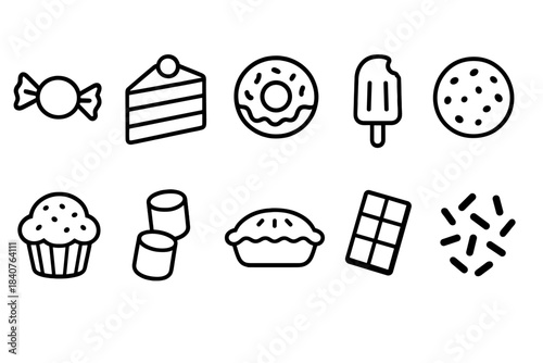 Dessert and sweets icon set. Flat candy, cake, pie, and chocolate icons collection