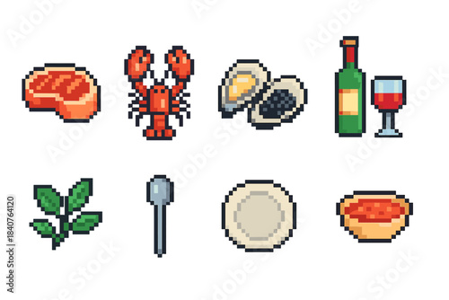 Pixel icon set of food items. Steak, seafood, wine, and kitchen essentials outline style