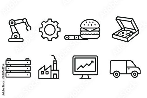 Industry and food line icon set. Automation, manufacturing, fast food linear icons