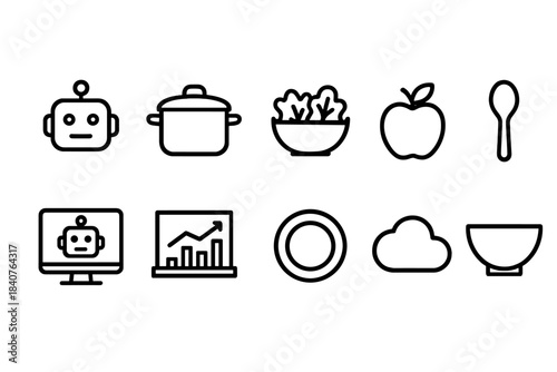 Technology and food line icon set. Robot, cooking, healthy eating, and cloud symbols