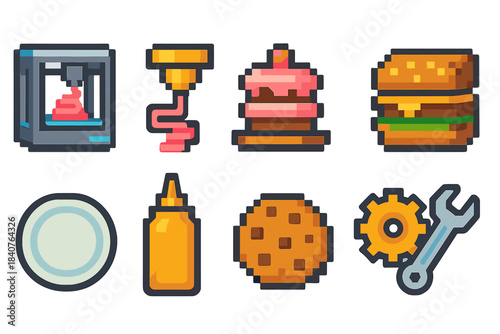 Pixel art food and technology icon set. Cute burger, dessert in pixel art style.