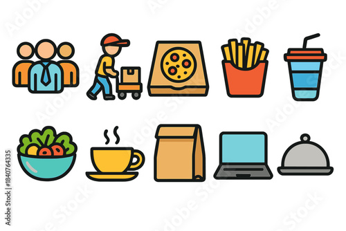 Food and delivery flat icon set. Pizza, drinks, and meals in flat design.