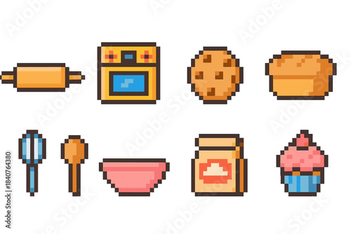 Baking pixel icon set. Whimsical 8-bit food, baking icons collection in pixel style