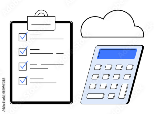 Financial planning, data management, digital organization, cloud technology, productivity, bookkeeping. Image features checklist, calculator and cloud shape. Financial planning and data management