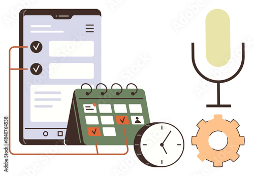 Smartphone checklist, calendar, clock, microphone, and cogwheel reflecting time management, productivity tools, communication, organization workflow optimization scheduling and planning. A simple