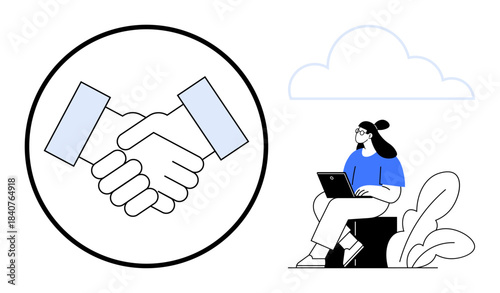 Business collaboration. Handshake partnership and remote work. Business collaboration highlights connections, cooperation, and teamwork. For networking, teamwork, workplace, business remote work