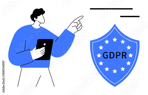 Data privacy, information security, regulatory compliance, online safety, user protection, digital law. A person pointing toward a GDPR shield. Data privacy and information security