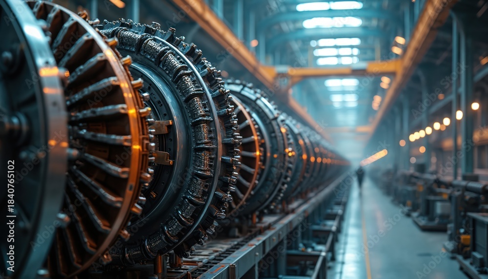 Obraz premium Line of industrial turbines or engines in factory. Huge complex machinery, metal gears, intricate parts. Concept of manufacturing, heavy industry, complex engineering.