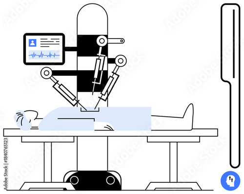 Robotic surgery concept. Robotic systems assisting in precise medical procedures for patient care. Robotic surgery advancing healthcare technology. Ideal for medical, AI, healthcare, innovation