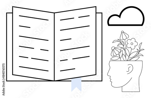 Open book with bookmark, human head silhouette with growing flowers, and minimalistic cloud. Ideal for education, creativity, inspiration, mental growth, mindfulness, self-improvement and reading