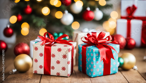 christmas gifts with snowflake patterns and red ribbons on wooden floor