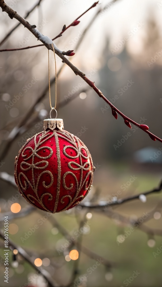 Obraz premium A close-up of a red bauble decorated intricate patterns hanging from a twig blurred bokeh