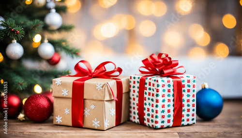 two christmas presents and ornaments on wooden floor against blurred lights