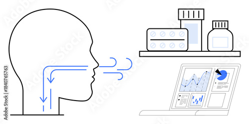 Medical diagnostics, respiratory health, treatment options, healthcare analytics, medication management, pharmaceutical solutions. Diagram of breathing airflow near medications and charts