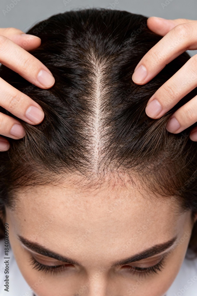 Naklejka premium Hand touching oily scalp and thin hair roots texture