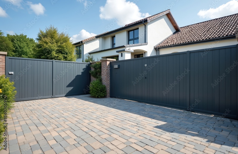 Fototapeta premium Modern anthracite panel fence with sliding driveway gate, wicket. Home entrance features integrated letterbox, secure entry to private residence. Exterior shot shows paved driveway, green garden.