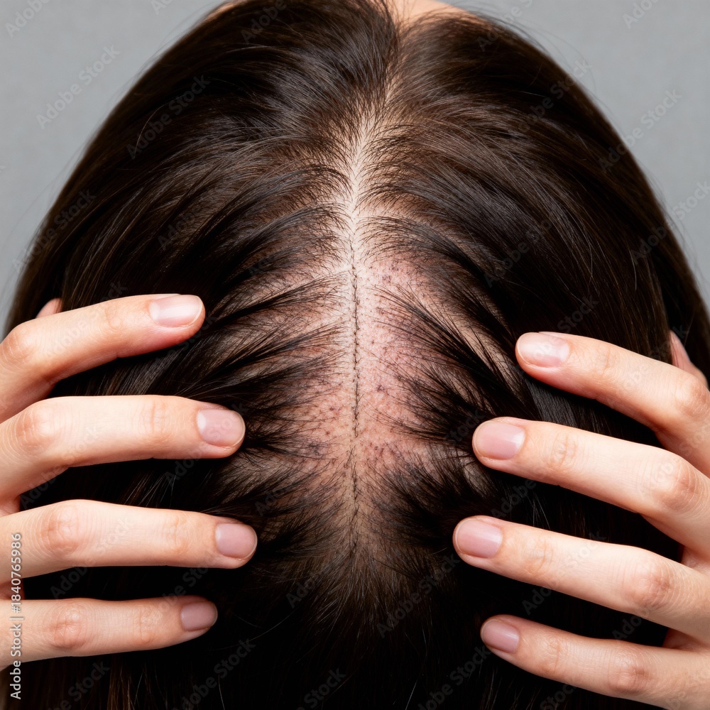 Fototapeta premium Top view of lady with balding spots and damaged hair