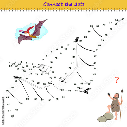 Connect the dots from 1 to 90 and draw the pterodactyl. Trace the line between numbers. Coloring book. Develop counting skills. Logic puzzle game for children. Educational page. Hand drawn vector.