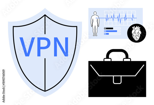 Data security, online privacy, healthcare technology, remote work, professional tools, business protection. Shield marked VPN, heartbeat graph human figure and briefcase. Data security and online