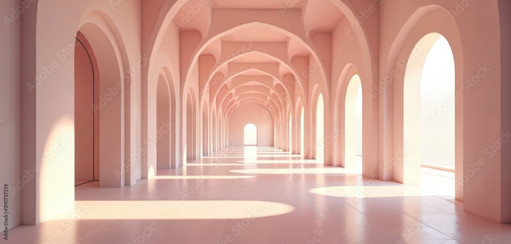 Fototapeta premium Long pink arched corridor stretches into distance. Soft light enters through arches creating shadows on floor. Endless hallway with symmetrical design provides serene perspective.