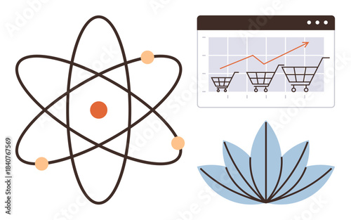 Atomic structure, chart showing sales increase with shopping carts, lotus flower. Ideal for science, education, business, progress, balance growth meditation. A simple flat metaphor