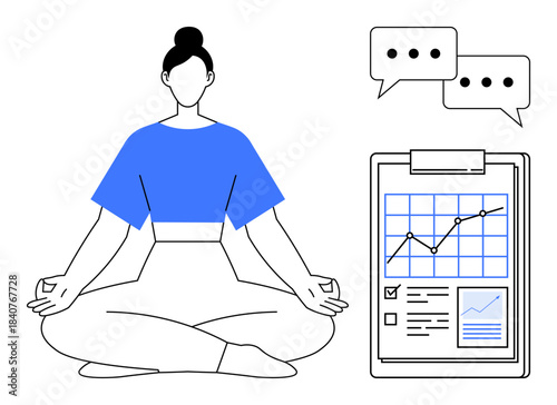 Wellness, mindfulness, productivity, mental health, work-life balance, communication. Woman meditating in lotus pose next to data charts and speech bubbles. Wellness and productivity concept