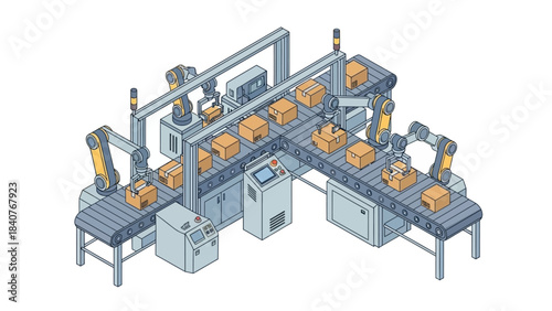 Industrial robotic assembly line with orange parts on a white background