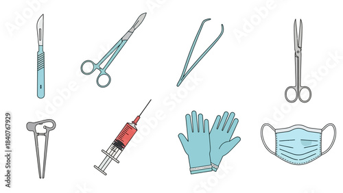 Flat lay illustration of various medical tools and equipment on a white background