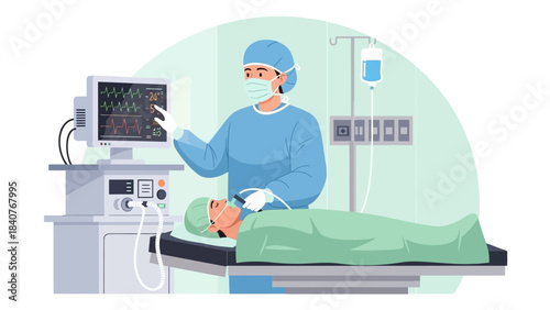 Illustration of a doctor monitoring a patient in a hospital bed with medical equipment.