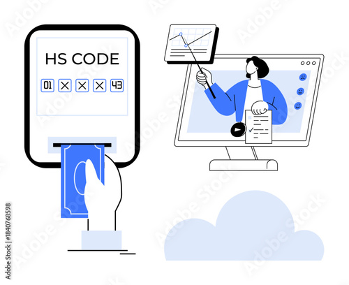 Digital trade solutions. Digital trade highlighted through HS code payment systems, e-learning platforms, and virtual teaching tools. Digital trade driving global commerce and education