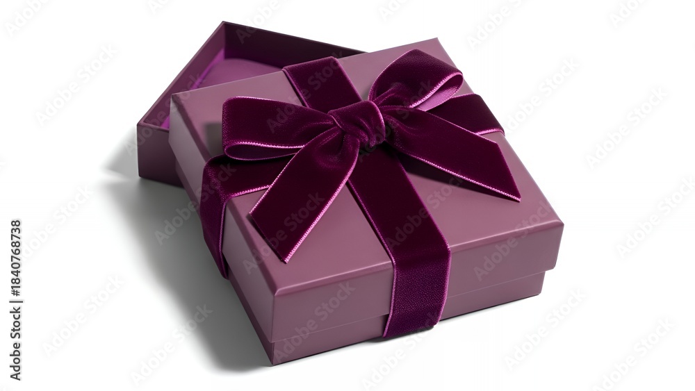 Obraz premium Elegant Purple Gift Box with Satin Ribbon and Bow on White Background