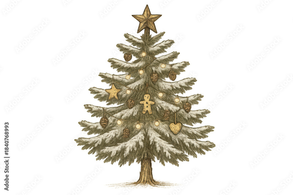 Fototapeta premium Vintage christmas tree illustration with festive decorations, gingerbread man, pinecones, and star atop, transparent background