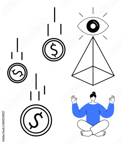 Wealth creation, mindfulness, meditation, finance visualization, personal growth, conceptual art. Falling dollar coins, all-seeing eye and meditating person. Wealth creation and mindfulness