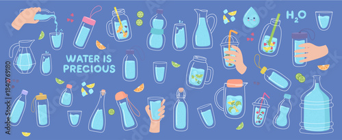 Vector drawing of a delightful water bottle placed on blue background