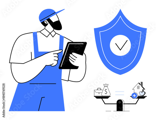 Financial protection concept. A worker holding a tablet next to a shield and balanced scales financial protection and health security. Useful for insurance, technology, health, safety, and finance