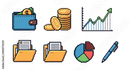 Set of pixel art business icons featuring a wallet with money, stacked coins, a growth graph, document folders, a pie chart, and a pen in a retro 8-bit video game style