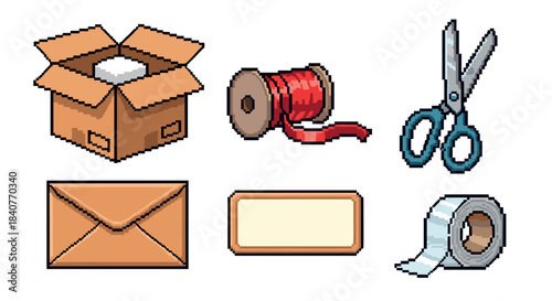 Set of pixel art shipping icons featuring a cardboard box, ribbon, scissors, envelope, label, and tape for a retro video game interface or design element
