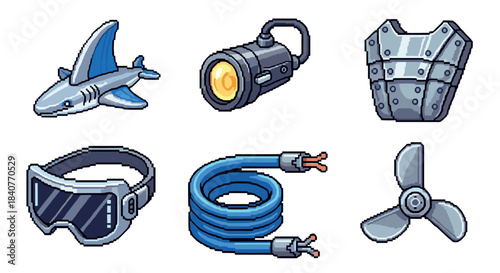 Set of pixel art icons featuring a mechanical shark, spotlight, armor, goggles, cable, and propeller, designed as retro video game assets with a detailed 8-bit sprite style