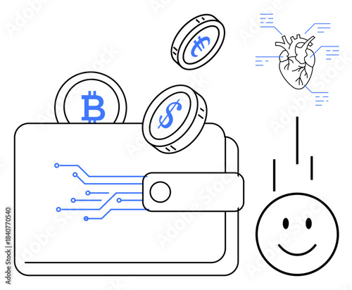 Digital wallet. Cryptocurrency coins with Bitcoin and Dollar symbols, a smiling face, and connectivity lines suggesting blockchain use. Digital wallet concept for fintech, payments, investments