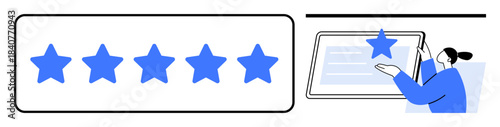Customer feedback, quality ratings, user reviews, online evaluation, business reputation, digital interaction. Five stars and figure placing a star on a screen. Customer feedback and quality ratings