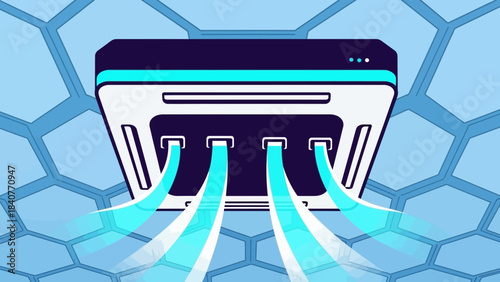 Futuristic data processing unit or server emitting blue light streams against a hexagonal pattern background, concept for technology presentation, digital infrastructure and network security