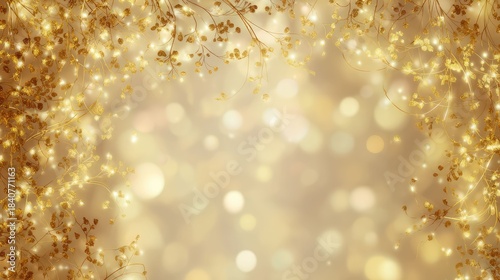 a festive and celebratory atmosphere with a golden bokeh background that suggests glittering lights or confetti