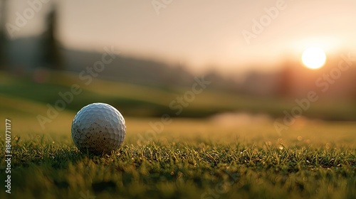 a serene golf course scene at sunset, with a golf ball sitting in the grass and a green grassy surface under a fading sky